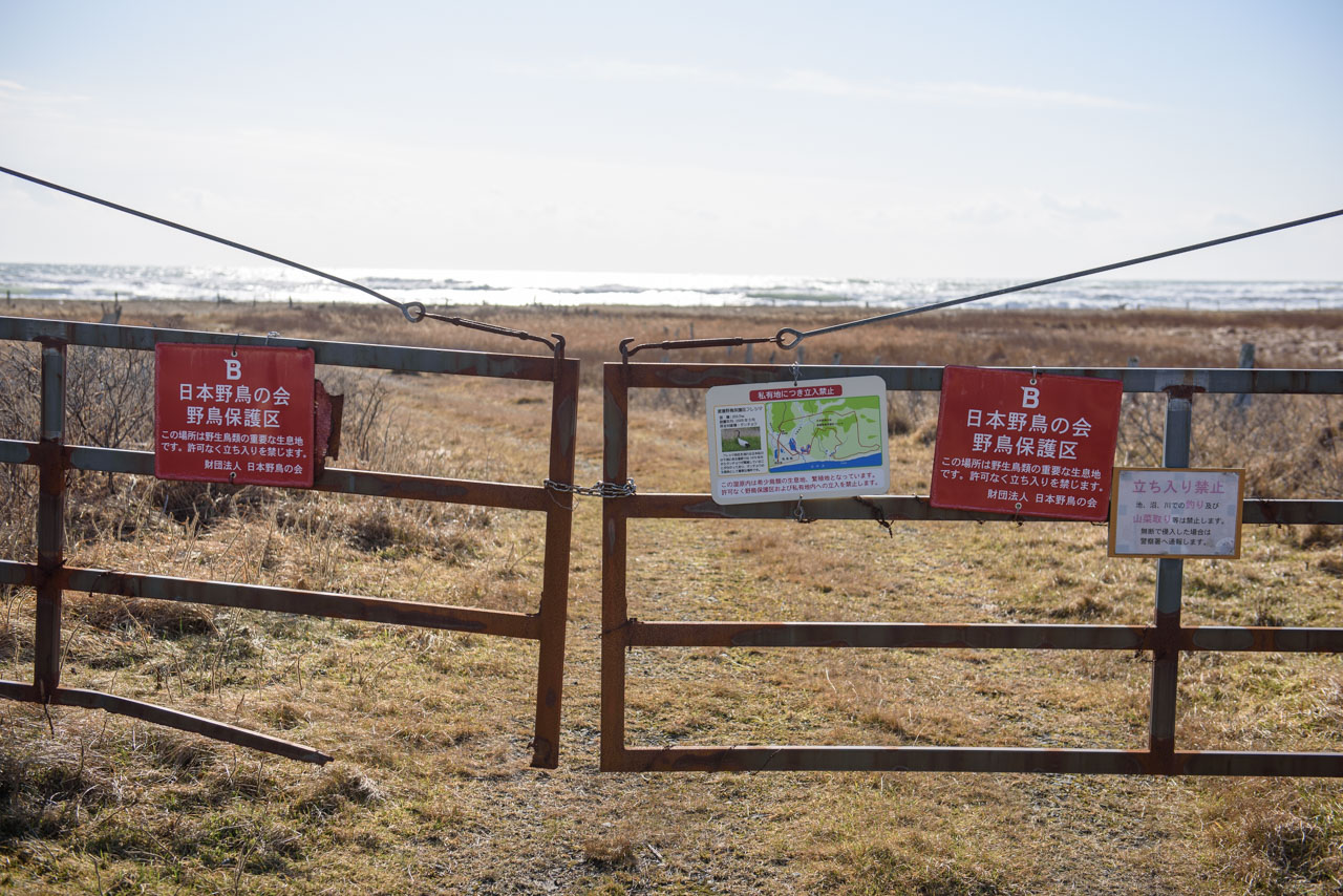 多数の立ち入り禁止の注意書きが並ぶ、保護区の門 The gate to the protected area, lined with numerous no-entry signs.