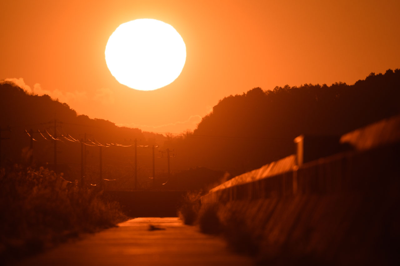堤防脇の道路の向こうから朝日が登る様子を超望遠レンズで捉える。全体がオレンジに染まる。A super-telephoto lens captures the morning sun rising over the road by the bank. The entire area is tinted orange.