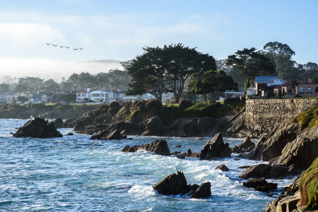 Sea, coastline, and town illuminated by the morning sun at Perkins Park in Monterey